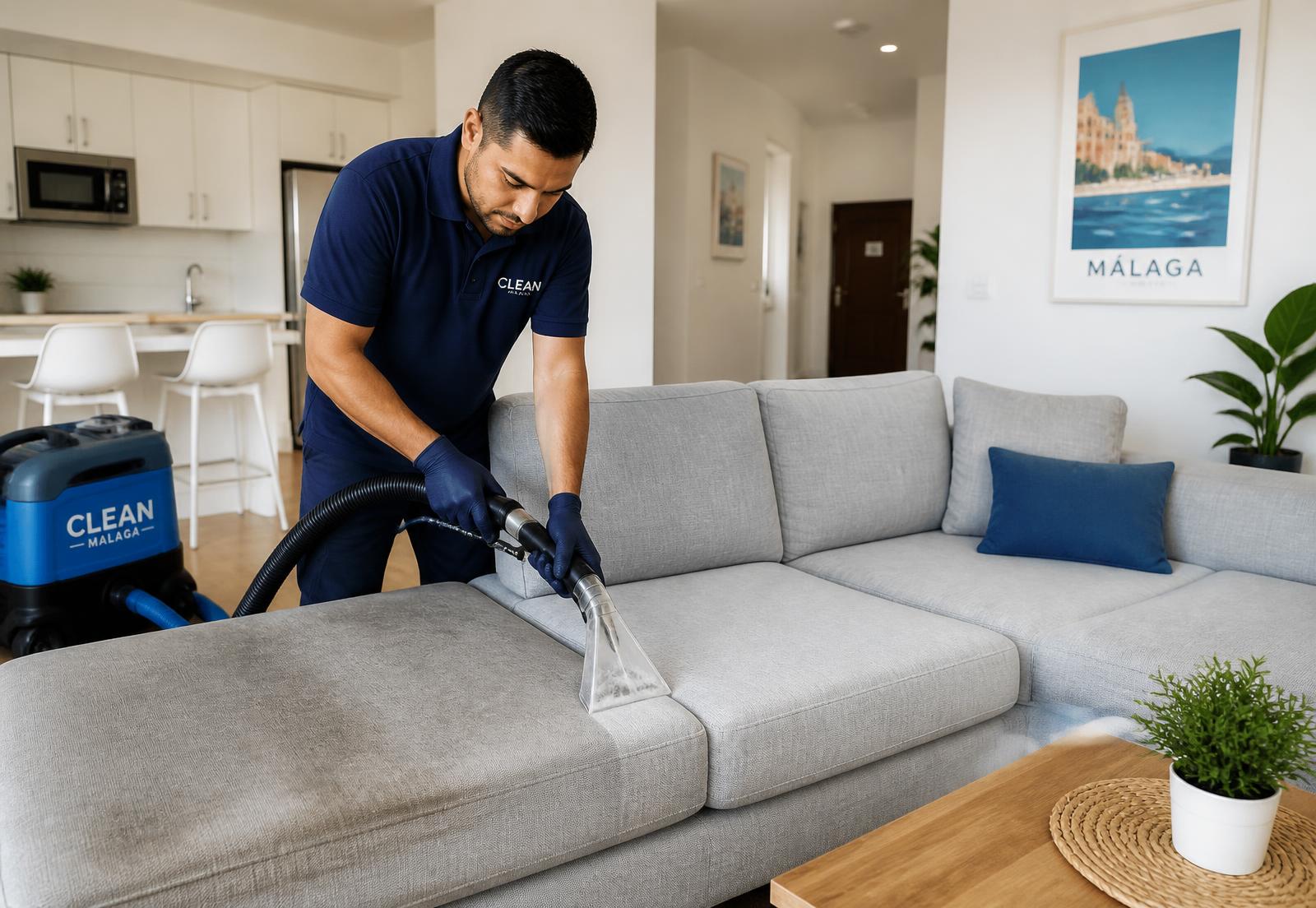 Técnico de Sofá Clean limpiando un sofá de tela en un salón